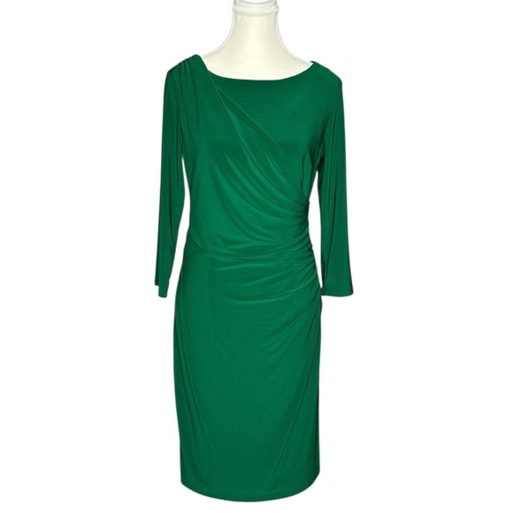 Black Label‎ by Evan Picone NWT Emerald Green Ruched Sheath Dress 3/4 Sleeve 6